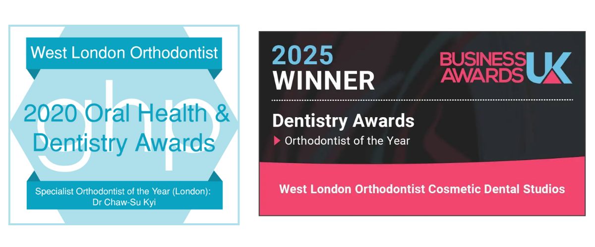 West London Orthodontist award badges: 2020 Oral Health & Dentistry Awards, Specialist Orthodontist of the Year (London) - Dr Chaw-Su Kyi; and 2025 Business Awards UK Dentistry Awards, Orthodontist of the Year - West London Orthodontist Cosmetic Dental Studios